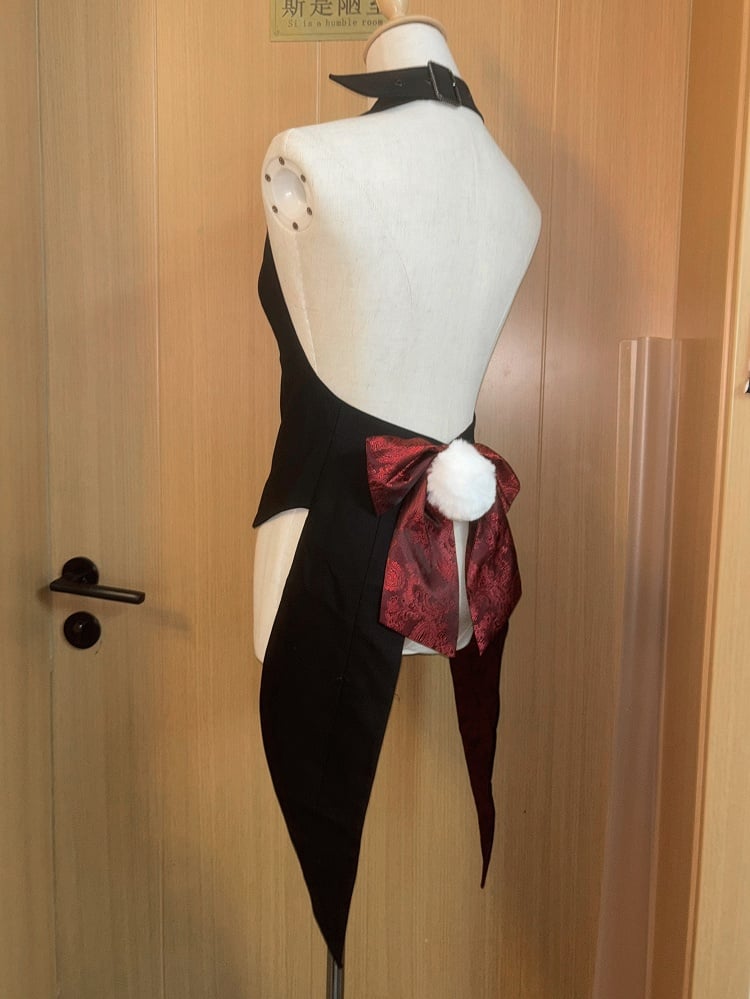 Schwarzer Ouji-Hals-Gothic-Hasen am Halfter-Lolita-Frack mit Schnalle auf der Rückseite und Schleifenschwanzweste