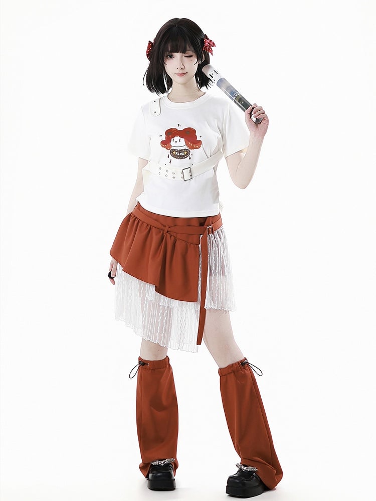 取り外し可能なバックルストラップ付きホワイトカートゥーンプリントTシャツ