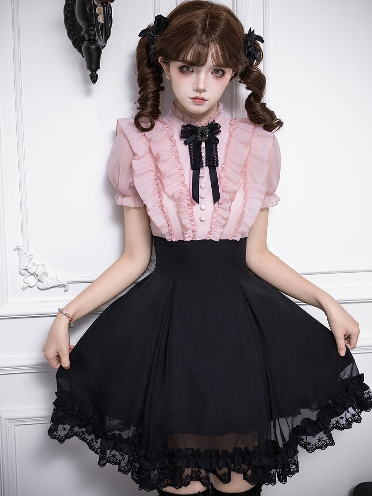 Pink Ruffled Blouse & Black Short Skirt Fake Two Pieces Lolita Dress - With PUJI