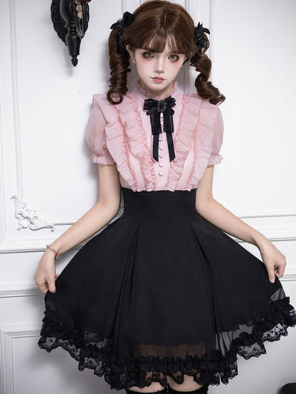 Pink Ruffled Blouse & Black Short Skirt Fake Two Pieces Lolita Dress - With PUJI