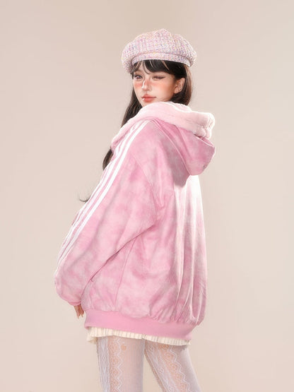 Dicke Wendejacke mit Kapuze und rosa-blauem Buchstabenmuster