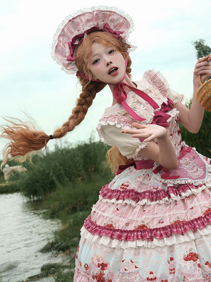 Pink Blue Cherry Print Sweet Lolita Bonnet with Lace - Strawberry Fantasy