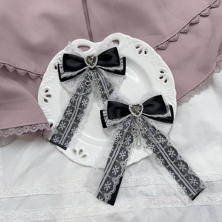 Charm Lace Bow Hairclips White/Pink/Dusty Cross Jirai Kei Pink/Black/Blue