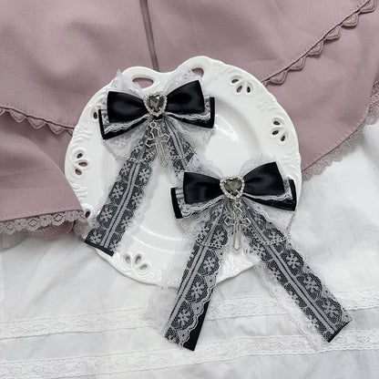 Charm Lace Bow Hairclips White/Pink/Dusty Cross Jirai Kei Pink/Black/Blue