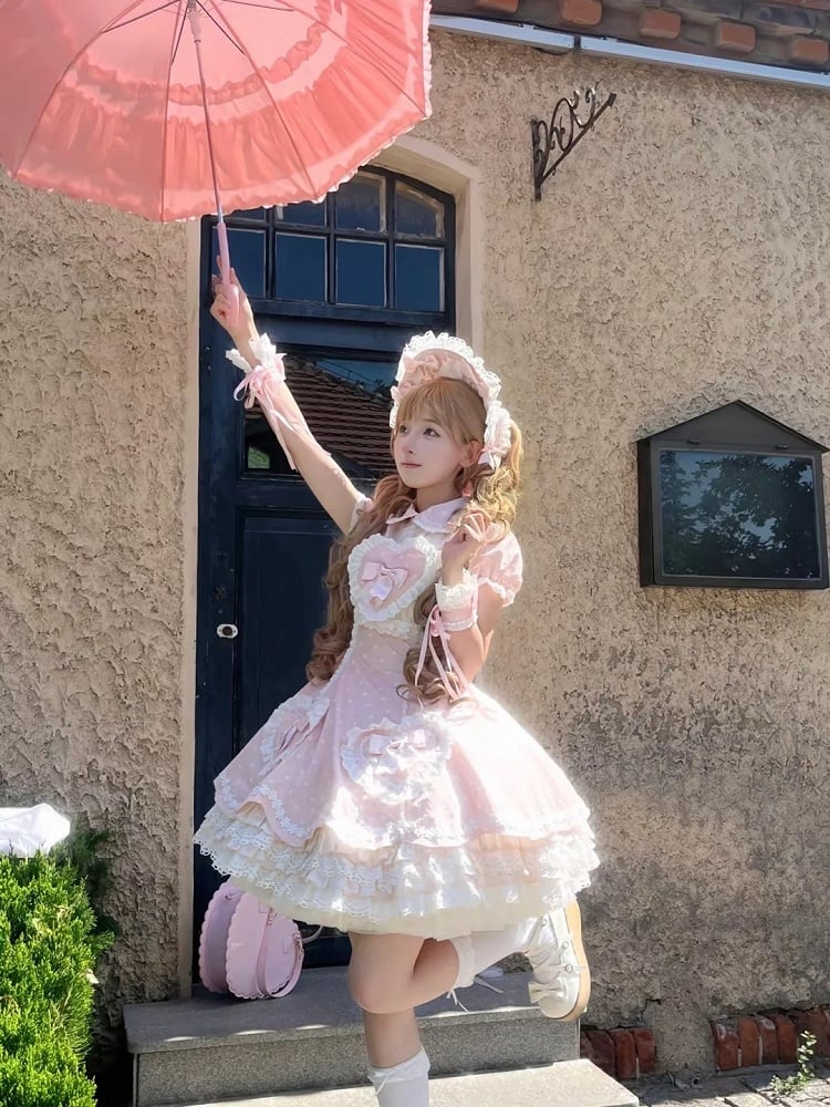Lolita Dress Accents Pink Bow White with Applique Polka Dot Heart Sweet Sweetheart
