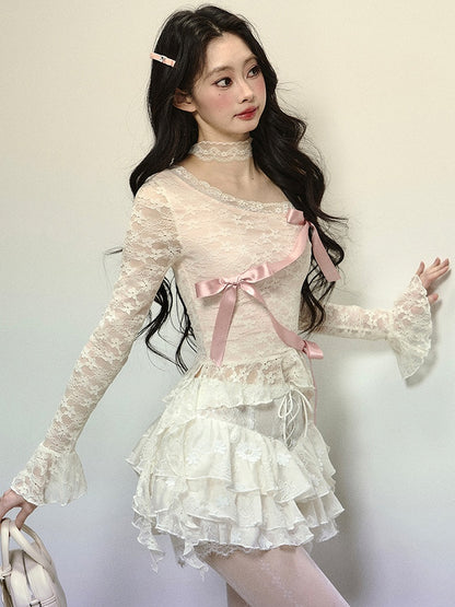 Apricot Ribbon Bow Detail Asymmetrical Neckline Lace Top