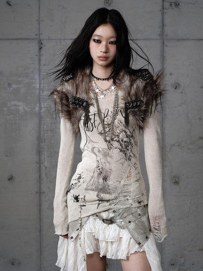 Chain with Brown Accents Vintage Faux Details Studded Vest Fur Punk