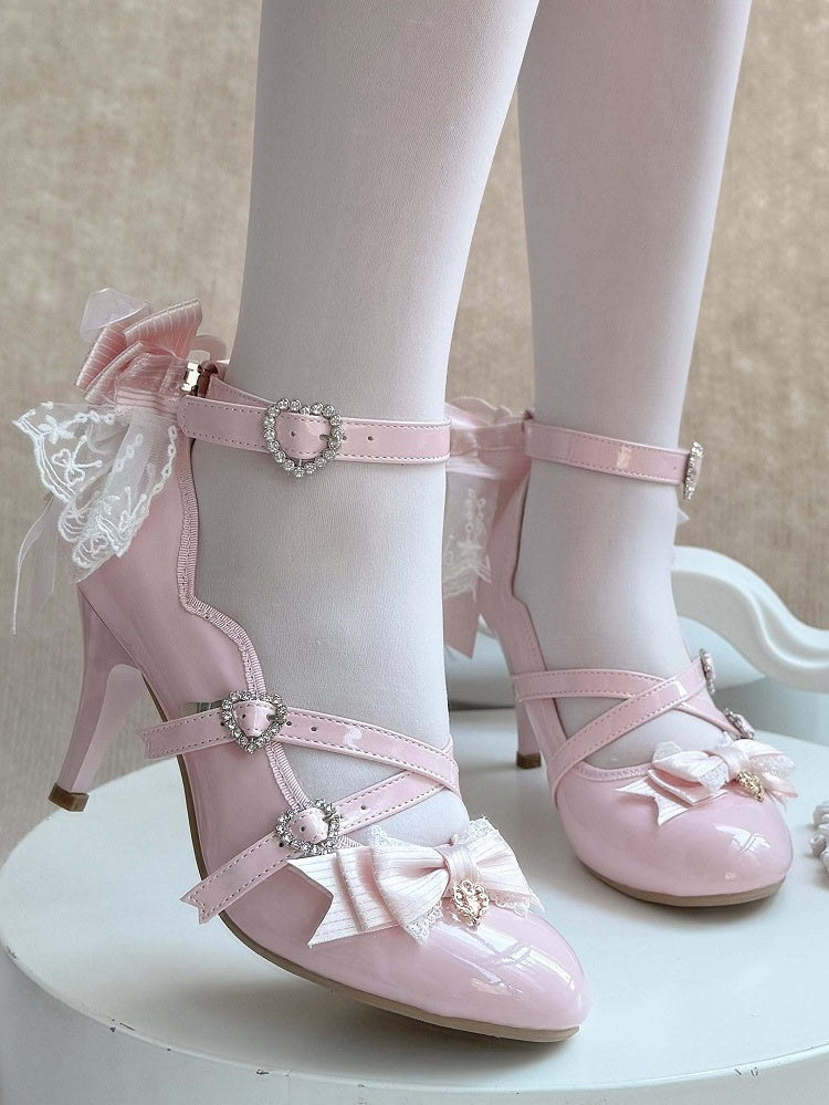 Leichte, elegante Lolita-Absätze aus Leder mit rosa Schleifen aus PU