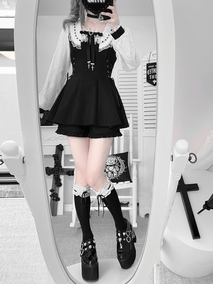 Kei Plaid Set: Matching Black Tie Jirai Shorts with Mini Dress Two-Piece Collar Beaded Waist / Side