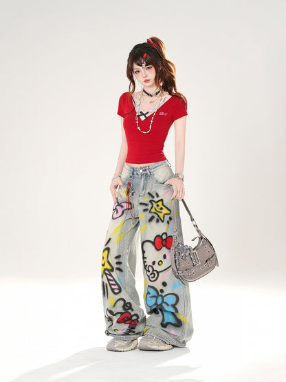 Slim-fitting Black/Red Design Lace Faux T-shirt Two-pieces Camisole