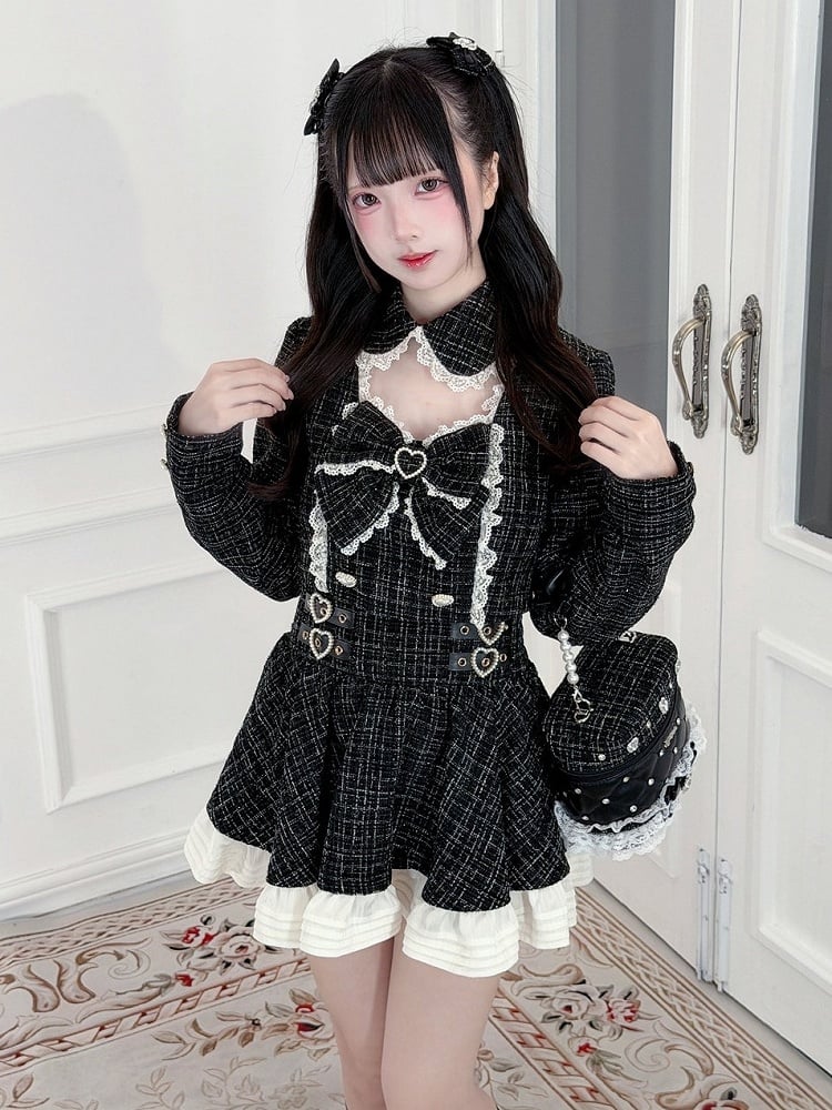 Black Jirai Kei Tweed Skirt for Autumn/Winter Season - Puppet Bombs