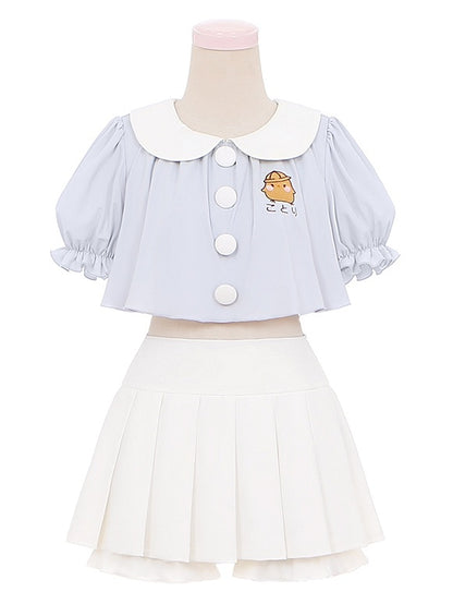 Blue Little Chicken Embroidery Peter Pan Collar Top + White Pleated Skirt Swimsuit Set