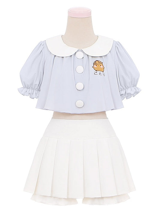 Blue Little Chicken Embroidery Peter Pan Collar Top + White Pleated Skirt Swimsuit Set