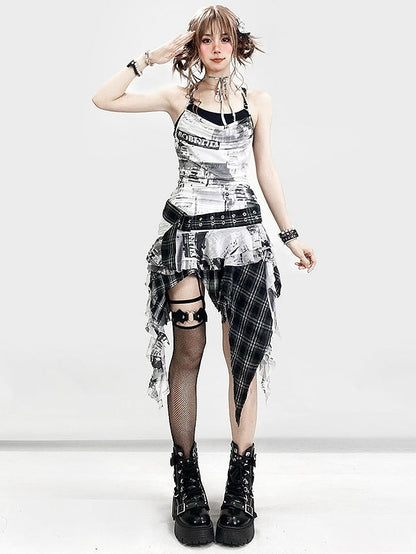 ダイタイデザイン + チェック柄キャミソールドレス トップネック アシンメトリースカートディテール ホワイト ブラックヘム ホルターネック スパイダーウェブ