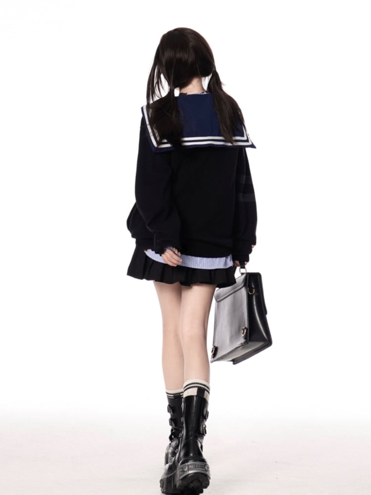 秋JKユニフォームプレッピーブラック/グレースタイルVネックニットカーディガン