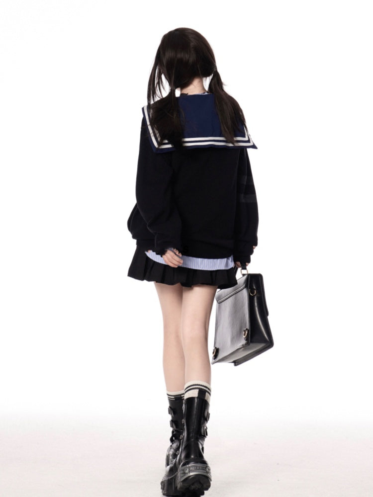 Strickjacke für JK Uniform Preppy Schwarz/Grau V-Ausschnitt Herbststil