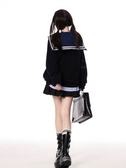 Strickjacke für JK Uniform Preppy Schwarz/Grau V-Ausschnitt Herbststil