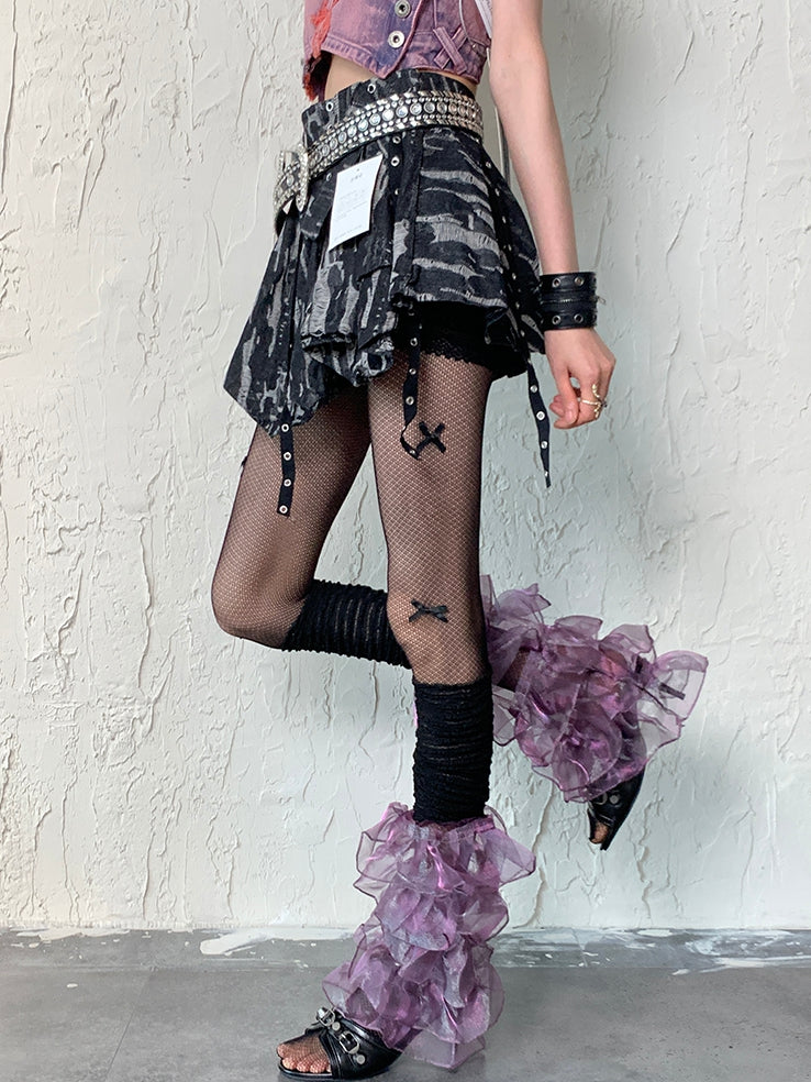 Y2K Ärmel Mehrlagig Schwarz Lila Beinbesatz Spitze