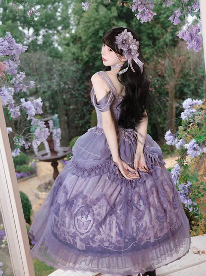 Skirt Elegant Purple and Classic Butterfly Top Waist Corset + Floral Boned Set Lolita Print