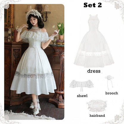 Halter Fabric Rosette Full Set Illusion Dress Jacquard Elegant White Neck