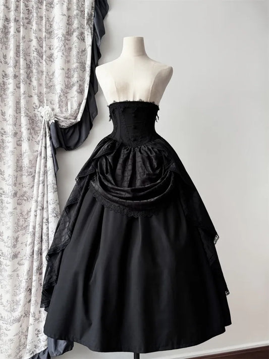 Schwarzer Korsett-Taillenrock mit Knochen und hoher Taille, Aristokratischer Gothic-Lolita-Rock