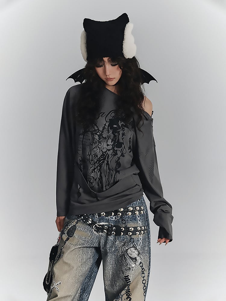 Square Print Gray Buckle T-Shirt Sleeve with Neck Long Asymmetrical Punk Strap Waist Black Graffiti