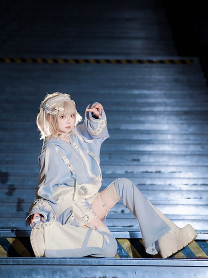 Blue - + Kaiwai J-Style Detachable Futuristic Set Shorts Jacket Leg Coord Light Warmers Tenshi