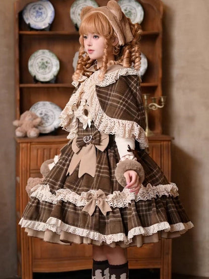 Lolita Apricot JSK Top Autumn/Winter Plaid Reversible Brown + Cape Dress