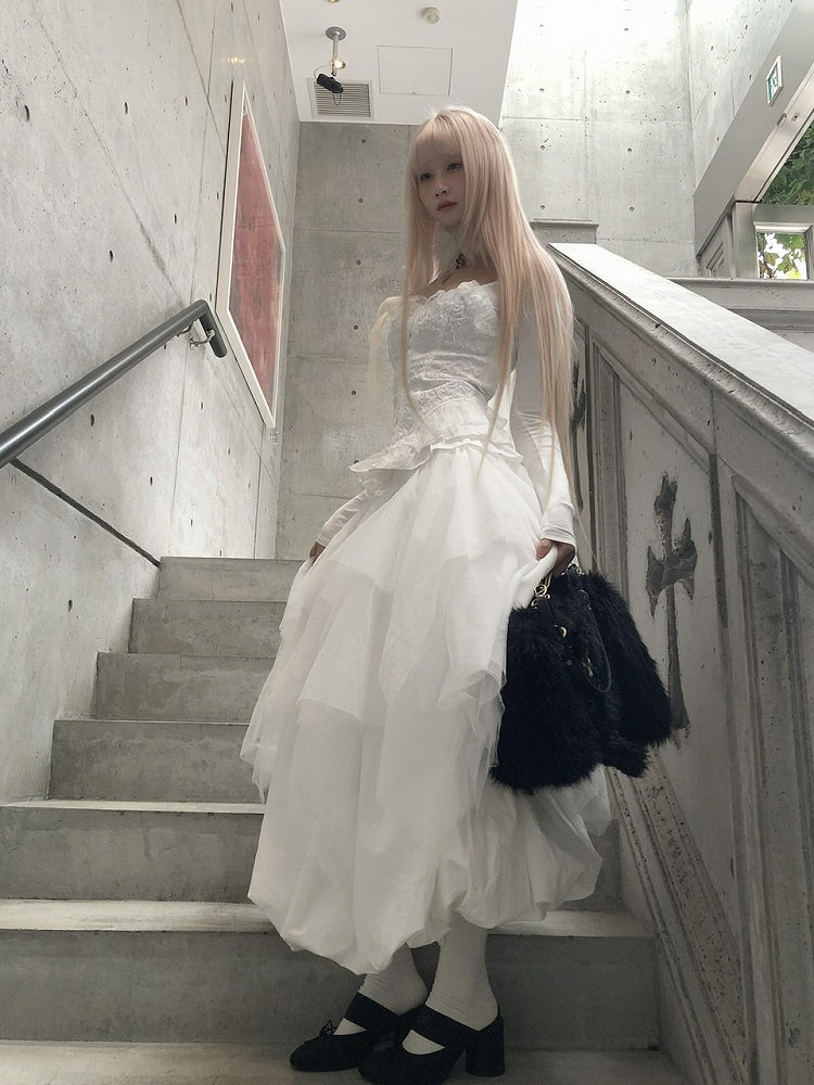 Bubble and Accent Length Tea Back Lace-Up White/Black Cross Tiered Skirt Metal with