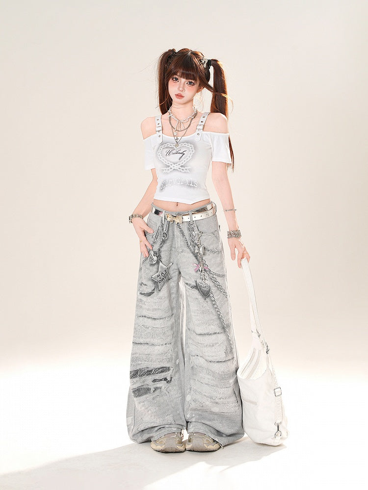 ネックライン ハートプリント クロップド オフショルダー Tシャツ ホワイト