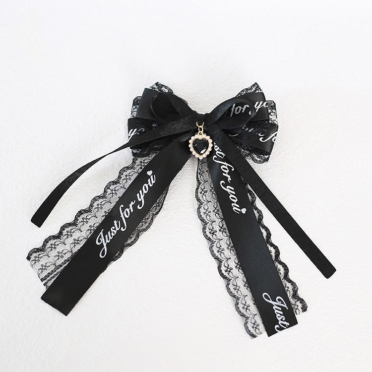 Kei Pink Lace Jirai Hairclip with Heart Charm Black Bowknot /