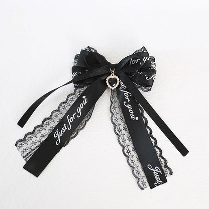 Kei Pink Lace Jirai Hairclip with Heart Charm Black Bowknot /
