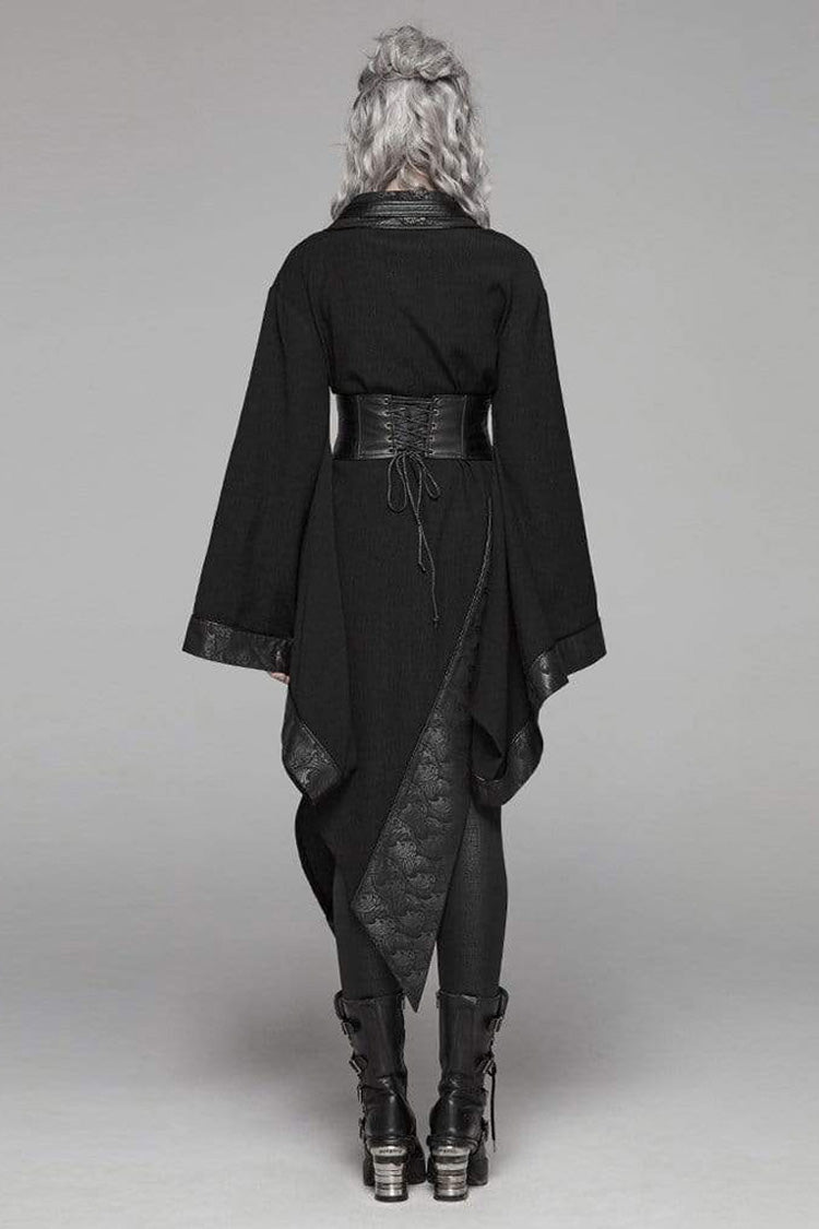 Black V-Neck Metal Buckle Waist Lace-Up Flare Sleeve Wave Print Asymmetric Hem Kimono Punk Dress