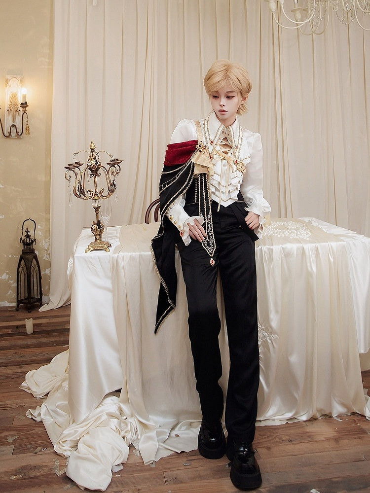 Ouji Knight Lolita Jabot Collar Shirt with One Shoulder Cape and Long Pants Set - Xiong Dou Jiang