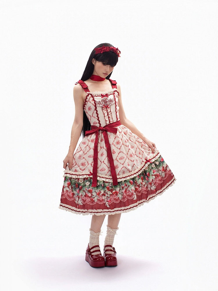 Strawberry Garden Red & White Floral Printed Lolita JSK Gown - Currant