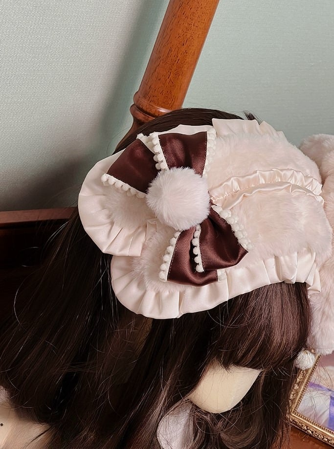 Bows and with Plush Bunny-themed Sweet Pink/Brown Lolita Hairband Accents Pom-pom