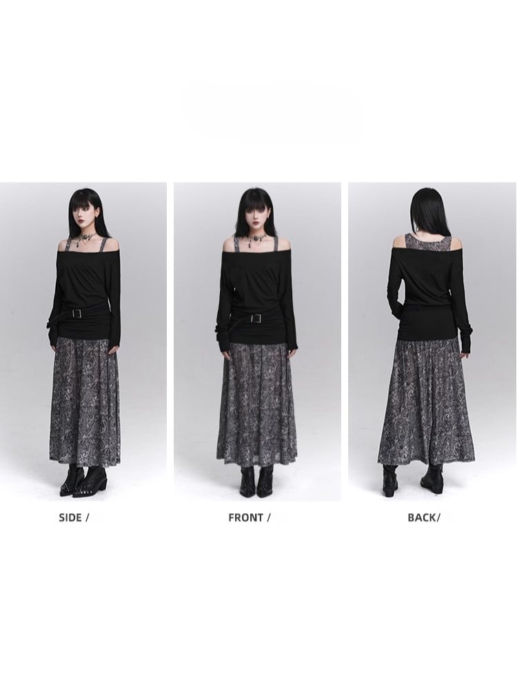 Ensemble with Top Off-Shoulder Dress Sleeveless Black Floral Gothic