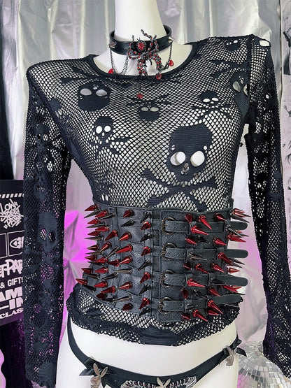 Y2K レッドスタッズ ブラックパンク ウエストベルト