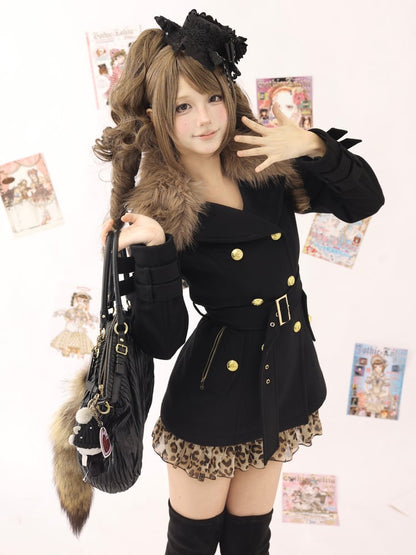 Black Wool Double-Breasted Coat with Faux Fur Collar and Gyaru-Style Buckle Detailing