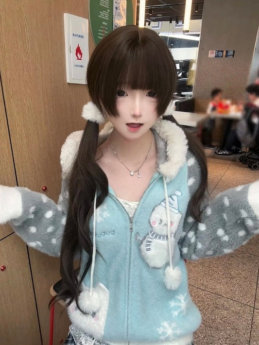 Daily Kawaii Drawstrings with Jacket Pattern Dot Pom-pom Sl;eeves Polka Hoodie Blue Plush