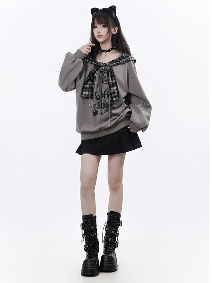 Gray Graffiti V-Neck Sweatshirt with Detachable Plaid Hooded Shawl & Lace-Up Detail - PINK SAVIOR