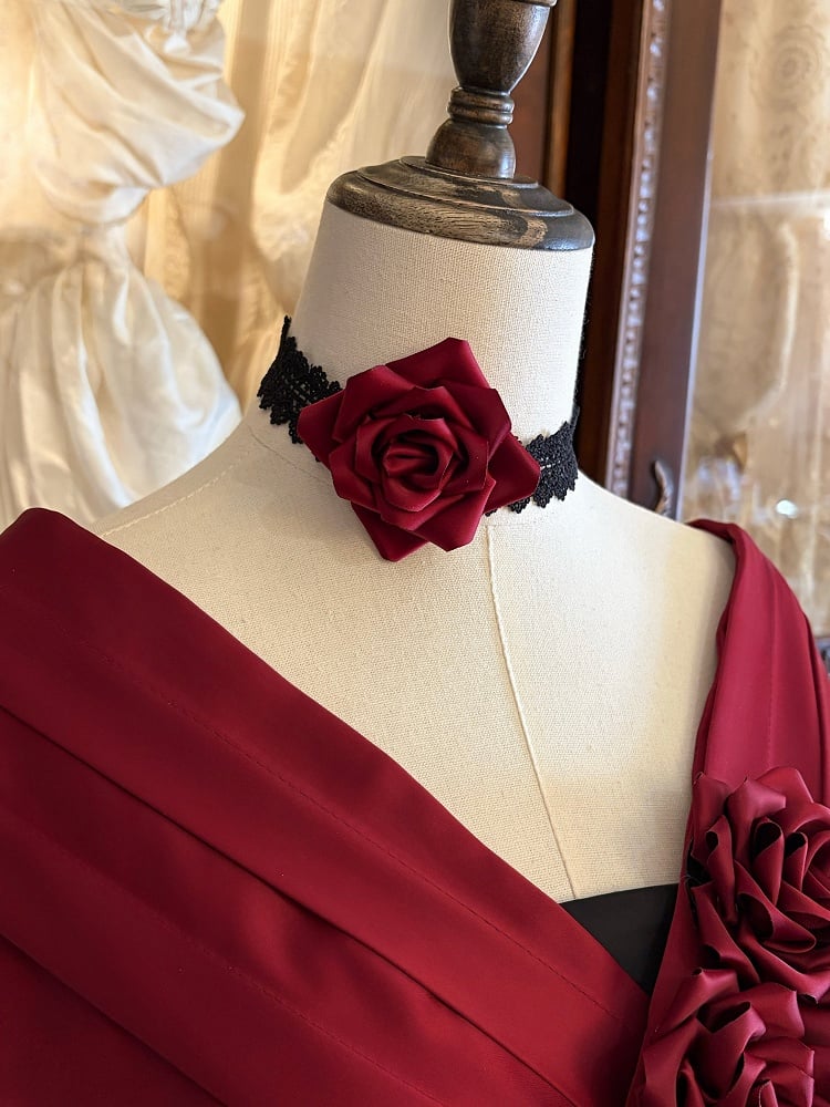 Red Black Roses Off-Shoulder Boned Lolita Set - Treasure Box Factory