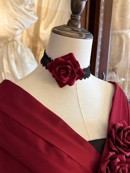 Red Black Roses Off-Shoulder Boned Lolita Set - Treasure Box Factory