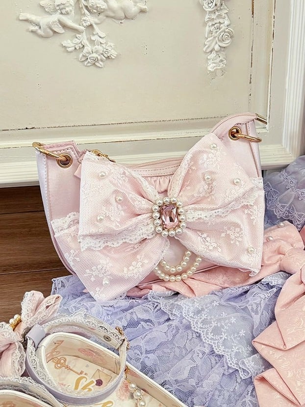 Satin Pink Lolita Underarm Bag with Lace Bow and Crystal - Sheep Puff Bag