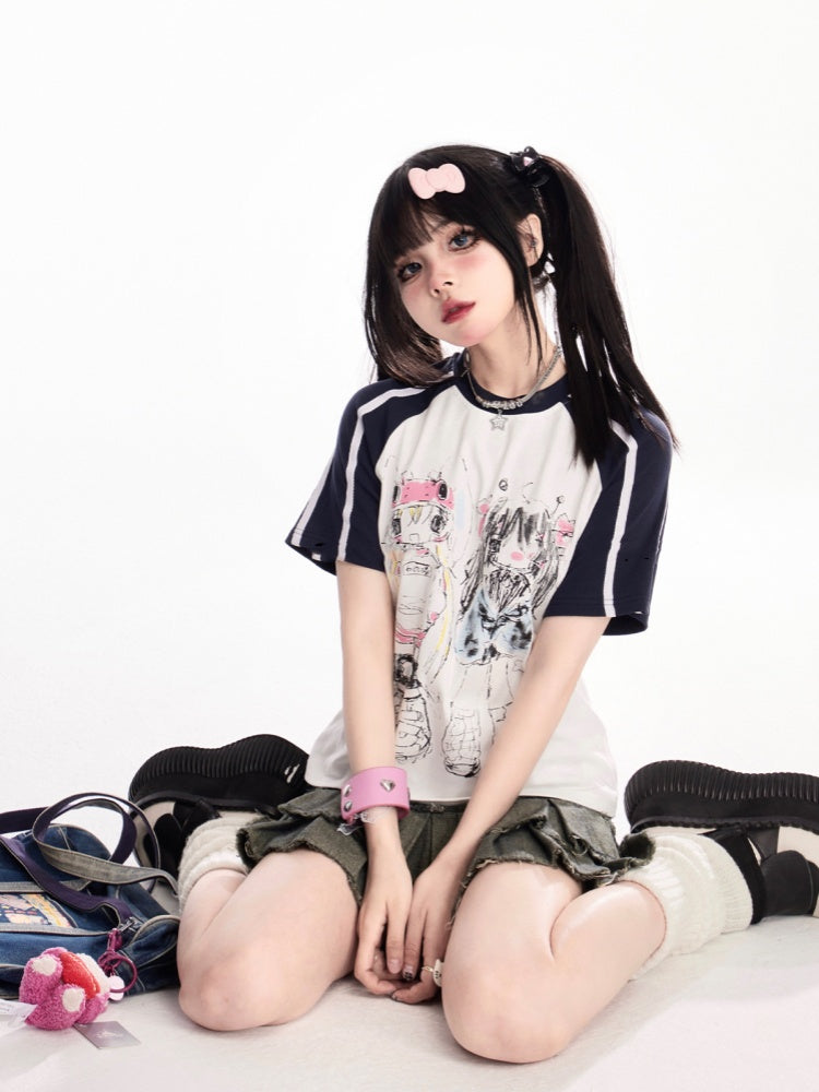 黒と白のデザインカラーブロックプリントTシャツアニメグラフィティ