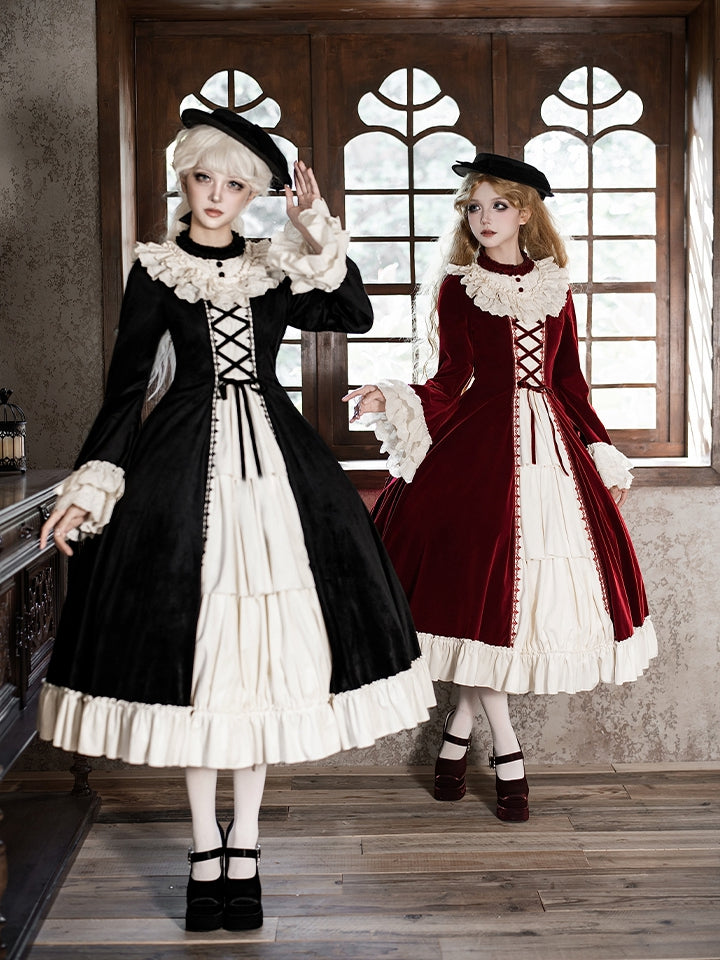 Eyelet Lolita Neckline Trims Ruffle Velvet Scalloped Black Beige Winter Dress with