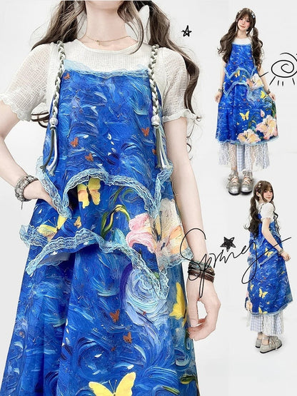 Faux Print Ölblaue Spitze Zweiteiliges Y2K Malkleid