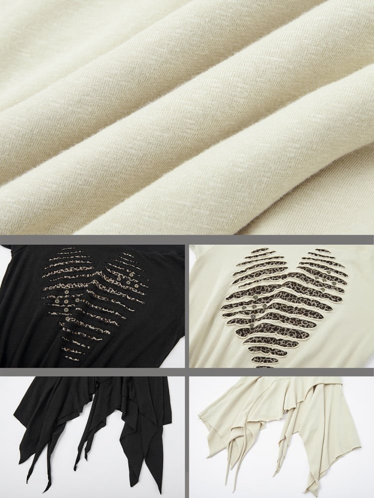 Wasteland Punk – Beiges, asymmetrisches Kleid mit Leopardenmuster und Herzmotiv und langen Ärmeln