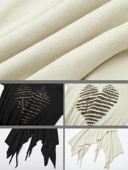 Wasteland Punk – Beiges, asymmetrisches Kleid mit Leopardenmuster und Herzmotiv und langen Ärmeln