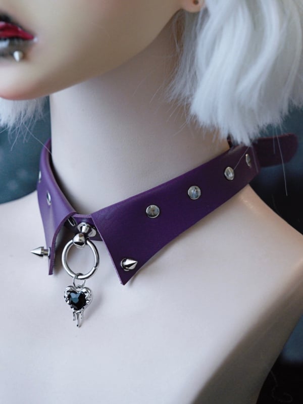 Pendant Choker Purple Decorated Rhinestone Details Studs Gothic Heart